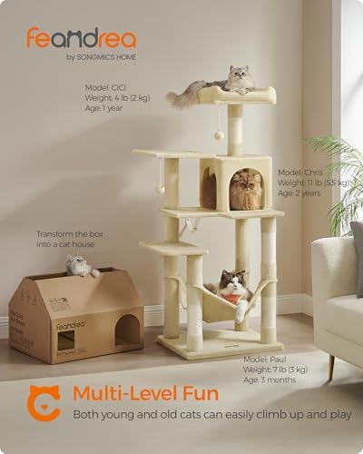 Feandrea Cat Tree, 54.2-Inch Cat Tower, Multi-Level Condo, Beige