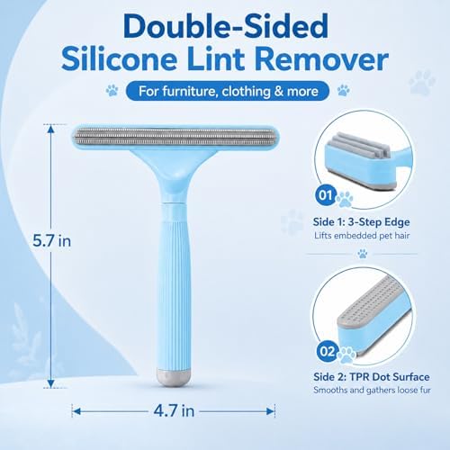 2 Pack Reusable Pet Hair Remover and Fabric Lint Scraper Set, Blue