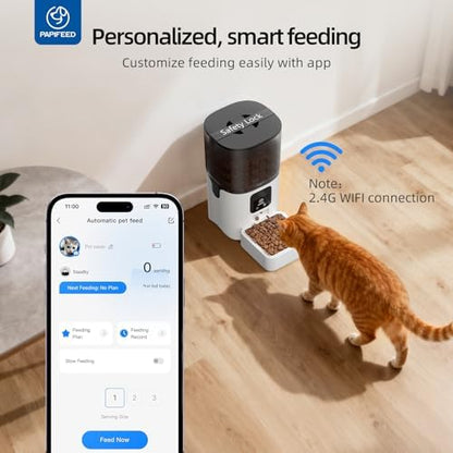 PAPIFEED Automatic Cat Feeder with App, WiFi Auto Cat Feeder, 6L Slow-Feed Cat Food Dispenser for Dry Food, Dual Power Supply Timed Pet Feeder for Small Dog, 10 Meals/Day, 12 Portions/Meal, White