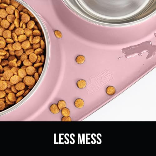 GORILLA GRIP Dog Bowl Set with Feeding Mat, 304 Stainless Steel, 2 Cup Pink