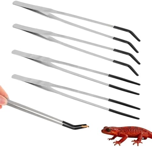 4pcs Reptile Feeding Tongs, Stainless Steel Straight Curved Aquarium Feeder Tweezers Tools with Rubber Tips for Bearded Dragons Snake Lizards Gecko