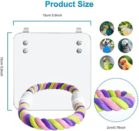 5.9" Bird Mirror with Rope Perch Bird Toys Swing, Comfy Perch for Greys Amazons Parakeet Cockatiel Conure Lovebirds Finch Canaries