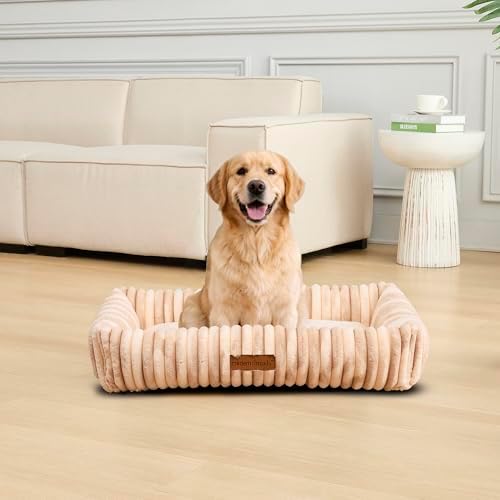 Modern Threads Ribbed Plush Two-Tone Cuddler Dog Bed, Ultra-Soft Faux Rabbit Fur, Supportive Bolstered Sides, Removable Washable Cover, Bed for Medium to Large Dogs, Cream, (34" L x 25" W x 9" Th)
