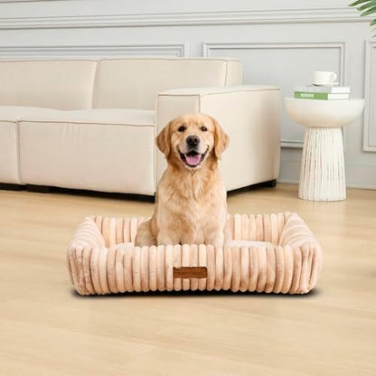 Modern Threads Ribbed Plush Two-Tone Cuddler Dog Bed, Ultra-Soft Faux Rabbit Fur, Supportive Bolstered Sides, Removable Washable Cover, Bed for Medium to Large Dogs, Cream, (34" L x 25" W x 9" Th)