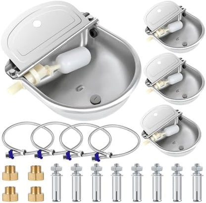 ToLanbbt 4PCS Automatic Animal Dispenser Horse Water Bowl with Float Valve Stainless Steel Goat Waterer Feeder Outside Water Trough for Livestock Auto Fill Dog Water Bowl with 1/2" Hose, Drainage Hole
