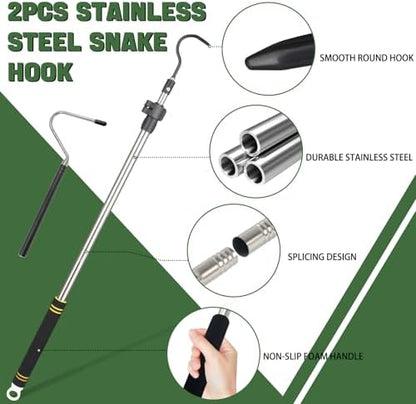2pcs Snake Hook Set, Telescopic Snake Catcher Stainless Steel Snake Handling Tool for Moving Ball Rattlesnakes Python Copperhead with Long Handle (35-64inch&26inch)