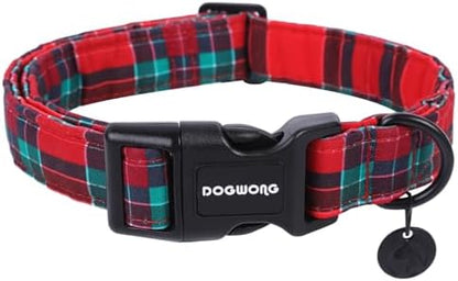 DOGWONG Christmas Cotton Dog Collar, Red Green Tartan Christmas Dog Collar Durable Soft Fabric Pet Dog Collars Cute Red Green Plaid Necklace for Large Dogs,XL