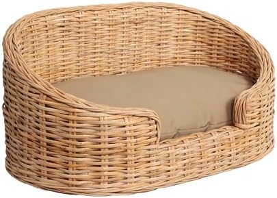DBD1000B Curvy 28.5" x 17.25" Classic Handwoven Rattan Pet Bed with Machine-Washable Cushion, Light Brown