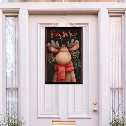 Happy New Year Garden Flag 12x18 Double Sided Vertical Linen Small Fireworks Moose House Flag Welcome Holiday Winter House Outdoor Outside Decorations (27178)