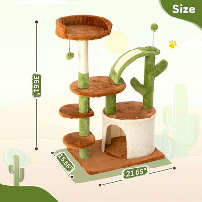 Cactus Cat Tree for Indoor Cats, 36" Multi-Level Cat Tower with Sisal Scratching Posts, Stable Cat Condo with Perches and Steps, Brown