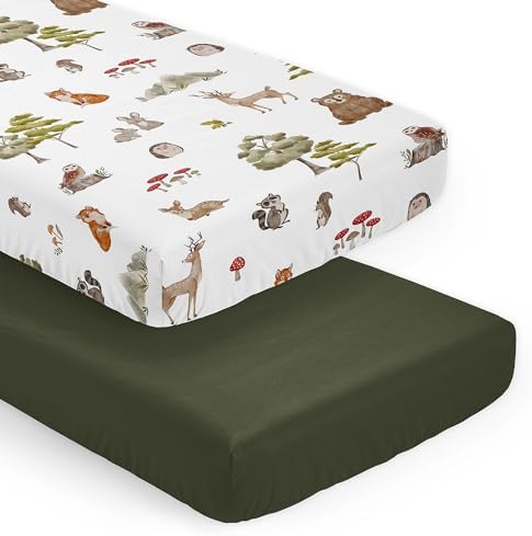 Sweet Jojo Designs 2-Piece Baby Crib Sheets Set (Woodland Animals) for Boys or Girls, Infant Nursery, Toddler Room - Standard Size (Forest Animal Friends, Neutral, Bear, Hedgehog, Fox, Dark Green)
