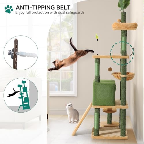 YITAHOME Tall Cat Tree Tower with Leaves for Indoor Cats, 72.8in Cute Cat Climbing Tower with Self-Grooming Brush, Cat Condo, Top Perch, Basktet, Sisal Scratching Posts and Board, Dangling Ball