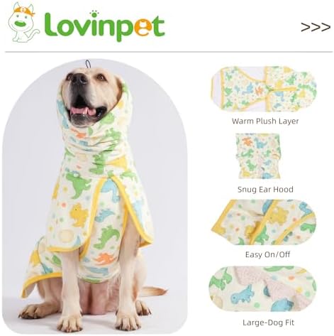 LovinPet 3-in-1 Dog Warm Winter Coat & Bathrobe, Yellow Dinosaur Fleece, M