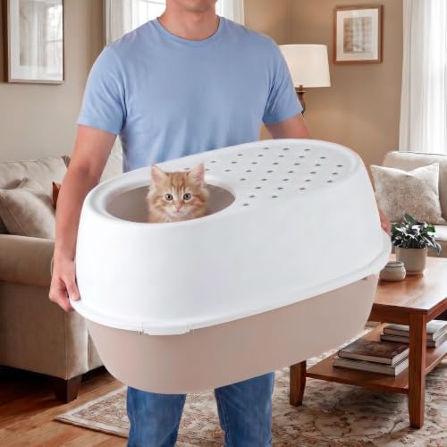 IRIS USA XX-Large Top Entry Cat Litter Box, Dog Proof, Beige/White