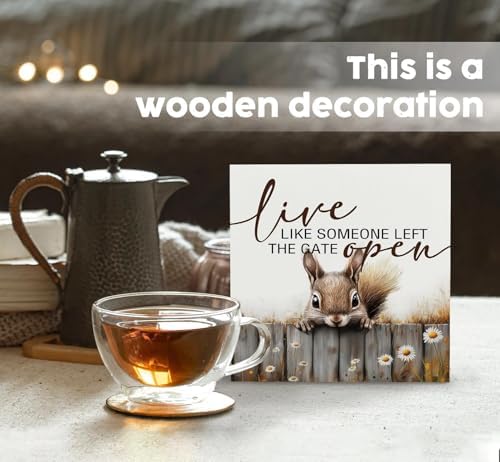 Squirrel Sign - Squirrel Gifts For Women, Live Like Someone Left The Gate Open Wooden Box Signs, Farmhouse Wood Decoration Home Decor For Desk Table Shelf 8x8 Inch Decorative Signs & Plaques