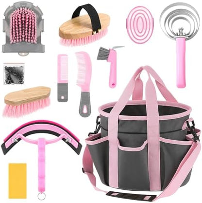 Abbylike 12 Piece Horse Grooming Kit with Organizer Tote Bag Brush Sets for Derby Day Show Horses Professional Tools for Care & Massage(Grey and Pink)