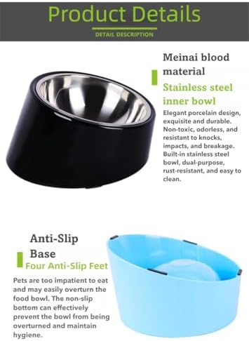 15° Tilted Dog Bowl for Small Dogs Flat-Faced Breeds - Anti-Choke Ergonomic Elevated Feeder Non-Slip Base - 2-in-1 Detachable Stainless Steel Food & Water Bowls - Classic Black Sleek Style (S, Black)