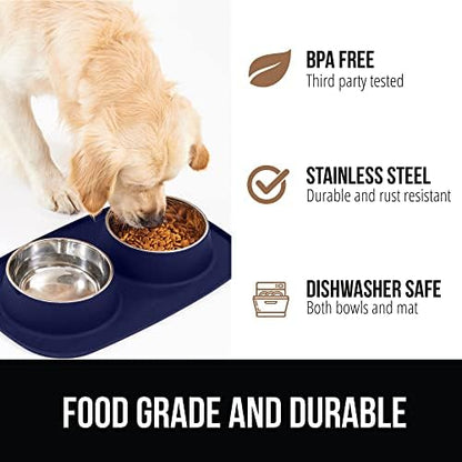GORILLA GRIP Dog Bowl Set with Feeding Mat, 304 Stainless Steel, 1 Cup Navy