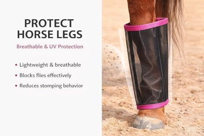 Fly Boots for Horse-Set of 4 Breathable Mesh Horse Fly Leg Guards, UV Protective Lightweight Fly Protection, Reduce Stomping & Insect Stress for Riding, Training, Pasture & Trail Riding (Pink)