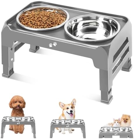 COMESOON Elevated Dog Bowls for Small Medium Dogs, 3 Height Adjustable Raised Stand with 2 Thick 6" Stainless Steel Food Bowls, Non-Slip Feeder Adjusts to 2.75", 6", 7.5", Grey