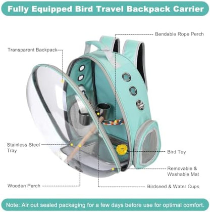 Bird Travel Carrier, Bird Backpack Cage with Rope & Wood Perches Tray Food Bowl, Portable Clear Bubble Window Breathable Mesh Bag for Small Medium Parrots Cockatiel Parakeet Budgies Conures Lovebirds