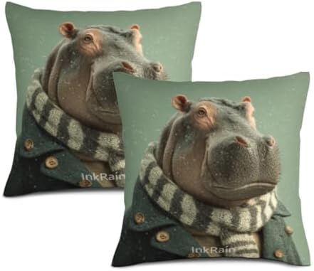 InkRain Winter Animal Cute Hippopotamus Pillow Cover 16x16 Inch Set of 2 Home Decor Decorative Cotton Linen Illustration Pillowcases for Living Room House Sofa