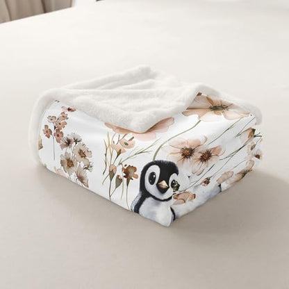 Erosebridal Kids Penguin Blankets and Throws 40"x50",Mushroom Penguin Blanket Throw for Teen Girls Boys,Antarctica Animal Fleece Blanket Country Style Floral Fuzzy Blanket for Bed Sofa Decor