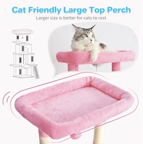 ABCPET Cat Tree Tower 63in Multi-Level Cat Tower for Indoor Cats with Sisal Scratching Posts, Condo, Hammock, Dangling Ball and Extended Platform for Cats to Play, Pink