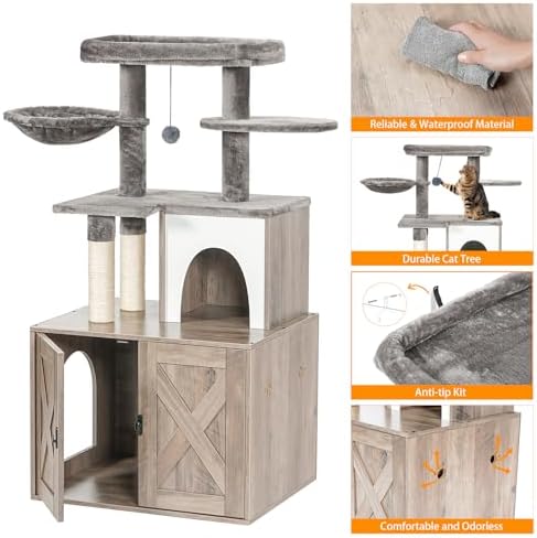 Snughome Cat Litter Box Enclosure with Tree Tower and Condo, Hidden Washroom Furniture with Sisal Scratching Post and Soft Plush Perch, Wooden Cat Furniture with Multiple Platforms, Grey