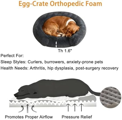 Calming Dog & Cat Beds with Orthopedic Egg-Crate Foam Raised Rim, Soft Fluffy Faux Fur Pet Bed for Small Medium Dogs, Anxiety Relief Spine Support, Machine Washable (Round, Dark Grey 23")