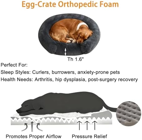 Calming Dog & Cat Beds with Orthopedic Egg-Crate Foam Raised Rim, Soft Fluffy Faux Fur Pet Bed for Small Medium Dogs, Anxiety Relief Spine Support, Machine Washable (Round, Dark Grey 28")