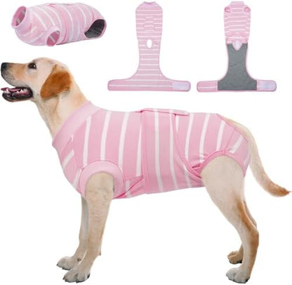 Kuoser Dog Surgery Recovery Suit, Soft Breathable Dog Recovery Suit for Female Spay Male Nueuter, Anti Licking Puppy Onesie Pet Surgical Suit for Dogs Abdominal Wounds Skin Disease, Pink Strips XL