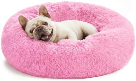 Love's cabin Calming Cat Bed for Indoor Cats, Anti-Anxiety Donut Round Dog Bed, Fluffy Faux Fur Washable Pet Bed for Small Medium Dogs and Cats, Pink, 24in