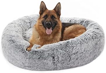 Bedfolks Calming Fluffy Donut Dog Bed for X-Large Dogs,Dark Grey,45" Round