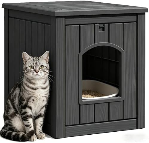 Cat Litter Box Enclosure, Multi-Functional Enclosed Cat Litter Box Furniture, Outdoor Cat House Weatherproof, Openable Front Door & Raised Floor, Easy to Clean & Assemble, Black