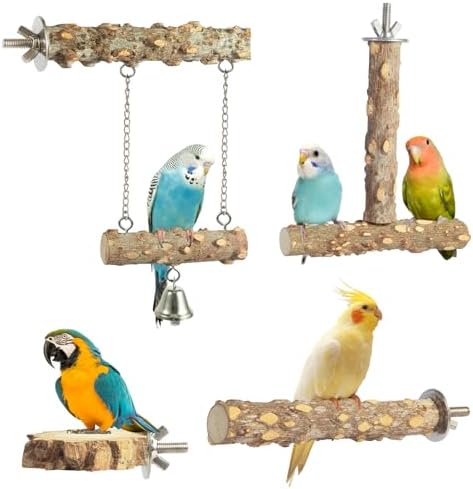 Bird Perches,4pcs Natural Wood Birds Stand Branch, Bird Perch Chewing Stick Cage Accessories Parrot Climbing Standing Branches Paw Grinding Fork Sets for Parakeet Lovebirds Cockatiels Conure Budgies