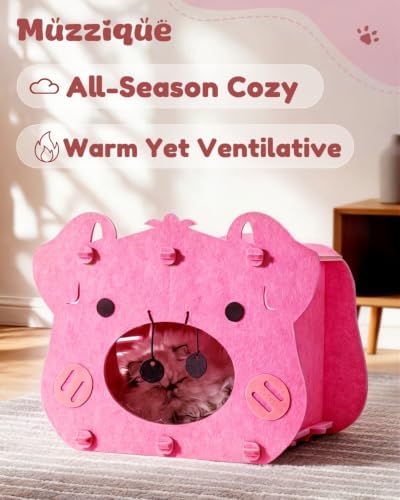 Cute Cat Bed, Pink Pig Cat House, Hideaway Cave with Perch, for Indoor Cats