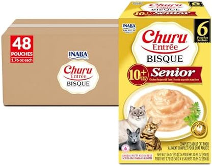 INABA Churu Entrée Bisque for Senior Cats, High Protein & Moisture, Prebiotic Wet Cat Food, 1.76oz. per Serving, 48 Pouches, Chicken with Tuna Recipe