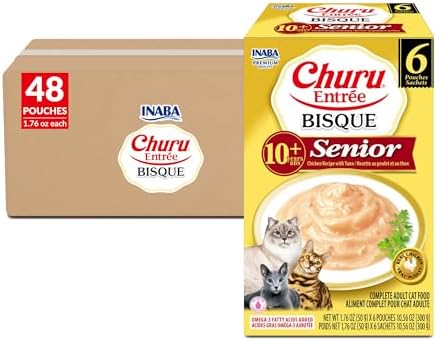 INABA Churu Entrée Bisque for Senior Cats, High Protein & Moisture, Prebiotic Wet Cat Food, 1.76oz. per Serving, 48 Pouches, Chicken with Tuna Recipe