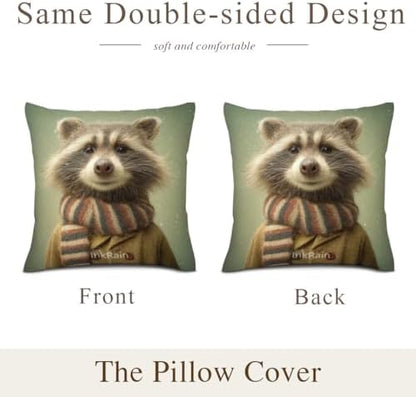InkRain Winter Animal Cute Raccoon Pillow Cover 14x14 Inch Set of 2 Home Decor Decorative Cotton Linen Illustration Pillowcases for Living Room House Sofa