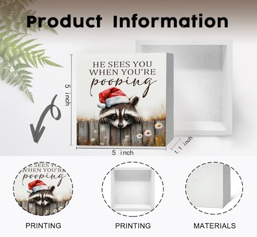 Christmas Raccoon Home Bathroom Decor Sign - Farmhouse Western Christmas Animal Bathroom Decor,Rustic Farm Animal He Sees You When You're Pooping Signs,Raccoon Gifts for Women