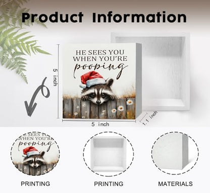 Christmas Raccoon Home Bathroom Decor Sign - Farmhouse Western Christmas Animal Bathroom Decor,Rustic Farm Animal He Sees You When You're Pooping Signs,Raccoon Gifts for Women