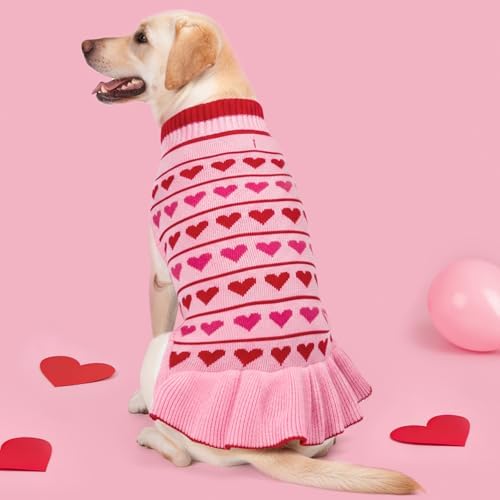 KYEESE Valentines Dog Sweater, Stretchy Pullover Dog Sweaters for Large Dogs, Soft Turtleneck Large Dogs Sweater with Heart Print, Warm Pet Sweaters Dress, Comfy Pet Clothes Coat with Leash Hole, 3XL