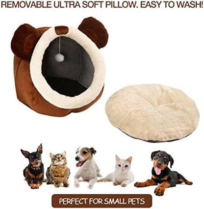 Cat Beds for Indoor Cats -Bear Animal-Shaped Cat Cave Bed with Toy,Brown L