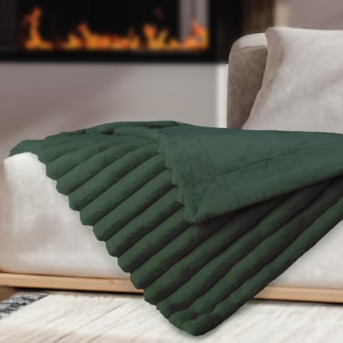 DEZ FURNISHINGS Luxury Reversible Textured Stripe Faux Fur & Velvet Throw Blanket, Throw XL (50" x 70"), Deep Forest Green