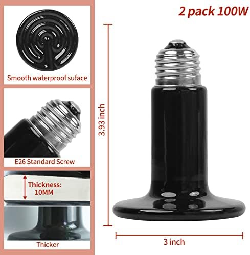 100W Ceramic Heat Emitter (2 Pack), Reptile Heat Lamp Bulbs, Ceramic Heater for Amphibian, Pet Brooder Coop, Chicken, Dog, Cat