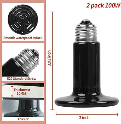 100W Ceramic Heat Emitter (2 Pack), Reptile Heat Lamp Bulbs, Ceramic Heater for Amphibian, Pet Brooder Coop, Chicken, Dog, Cat