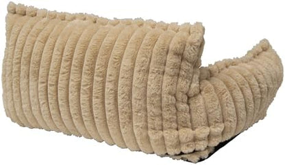 Grooved Pet Bed for Small to Medium Dogs or Cats, Soft Ribbed Corduroy-Style Polyester Fabric, Supportive Bolsters, Removable Cover, Non-Slip Base, Sofa Pet Lounger with Mini Play Cushion, Camel