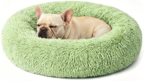 Calming Donut Dog Bed for Small Dogs, Anti-Anxiety Round Washable Plush Fluffy Faux Fur Large Cat Bed, 24 inches Fits up to 25 lbs Pets, Anti-Slip Waterproof Mute Base Green