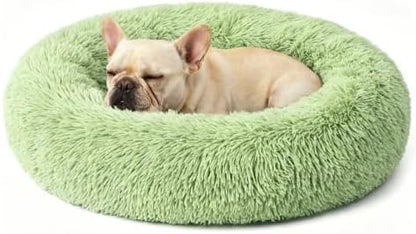 Calming Donut Dog Bed for Small Dogs, Anti-Anxiety Round Washable Plush Fluffy Faux Fur Large Cat Bed, 24 inches Fits up to 25 lbs Pets, Anti-Slip Waterproof Mute Base Green